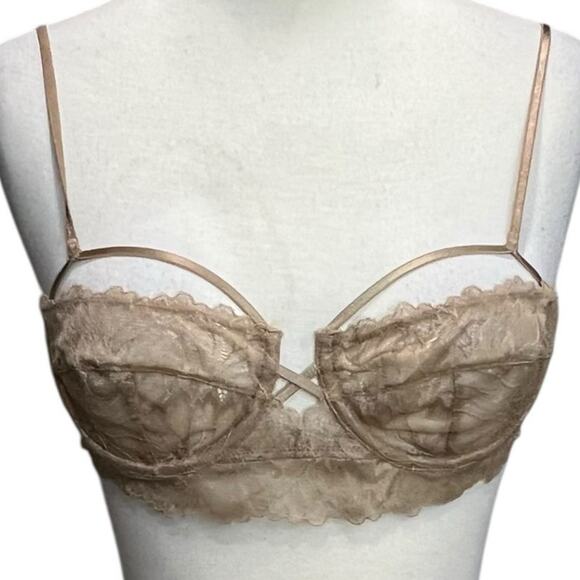 Zara Bralette Womens 32B Tan Floral Lace Strappy Romantic Sultry Lingerie Flirty - Picture 1 of 9